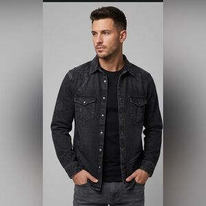 Zara Man Black Denim Jacket Distressed Relaxed Fit Button Up Sz S EUR 38